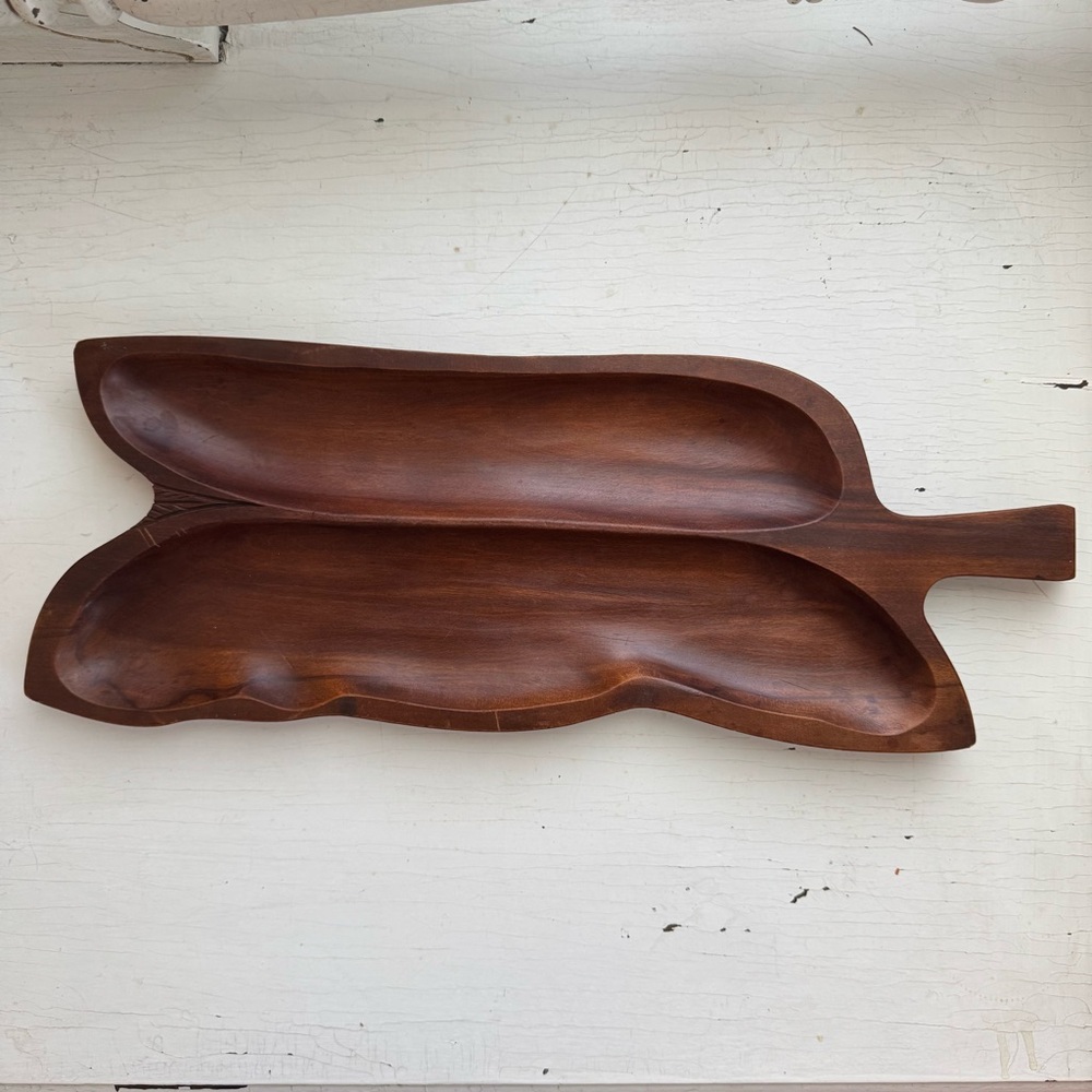 Large Vintage Monkey Pod Divided Leaf Platter Wood Bowl